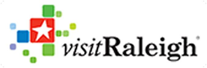 Visit Raleigh logo featuring a red square with a white star, surrounded by colorful pixelated squares and the text "visitRaleigh" in a serif font.