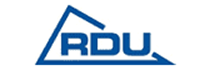 Raleigh-Durham International Airport (RDU) logo, featuring blue "RDU" lettering enclosed in a stylized geometric triangle shape.
