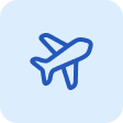 A dark blue airplane icon in flight, centered on a light blue rounded square background.
