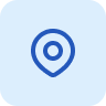 A dark blue map location pin icon with a hollow center circle, positioned on a light blue rounded square background.
