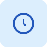 A dark blue clock icon with hands set to approximately 3 o'clock, centered inside a light blue rounded square.