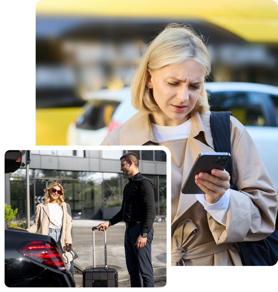 A collage showing a woman looking at her smartphone in the foreground and the same woman being greeted by a professional driver loading luggage into a black car in the background.